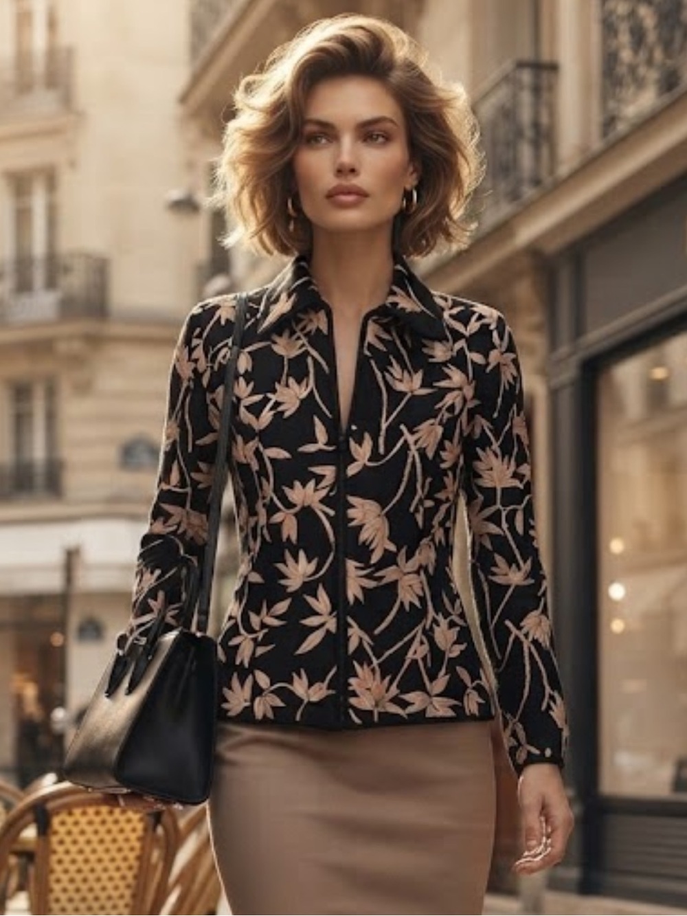 Anne Carson 100% Silk Black n Tan Floral Zipper Jacket